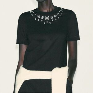 Zara Black Rhinestone Embellished Tee Jewel Neck T-Shirt NWT